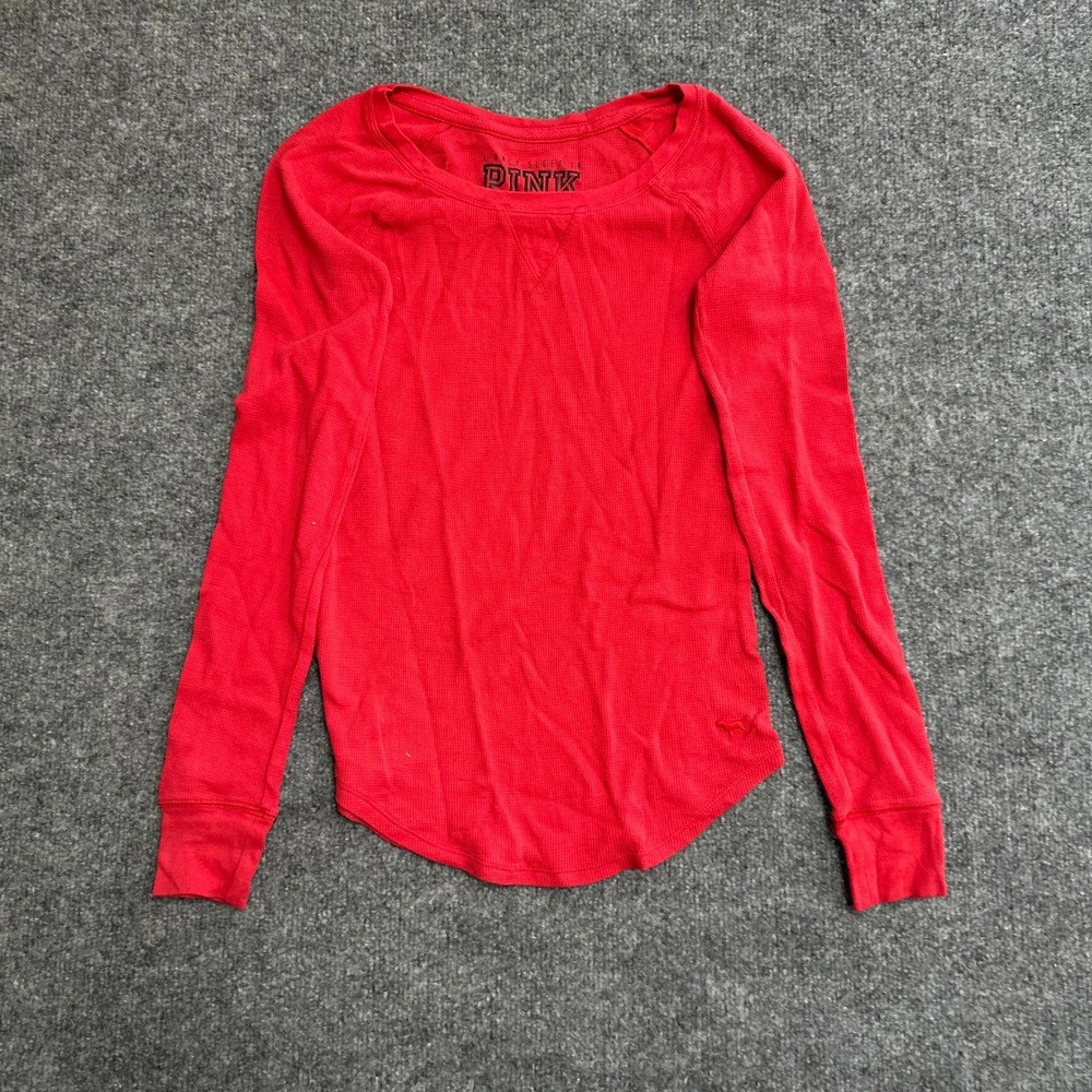 PINK Thermal Top Womens Size XS Red Waffle Knit Long Sleeve Slim Fit Loungewear